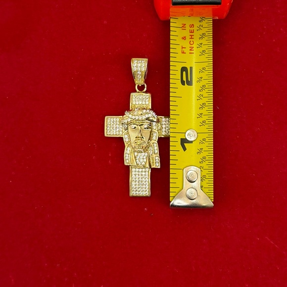 925 Sterling Silver Gold Plated Jesus Piece Cross Pendant Iced CZ 12g Charm - Picture 8 of 9